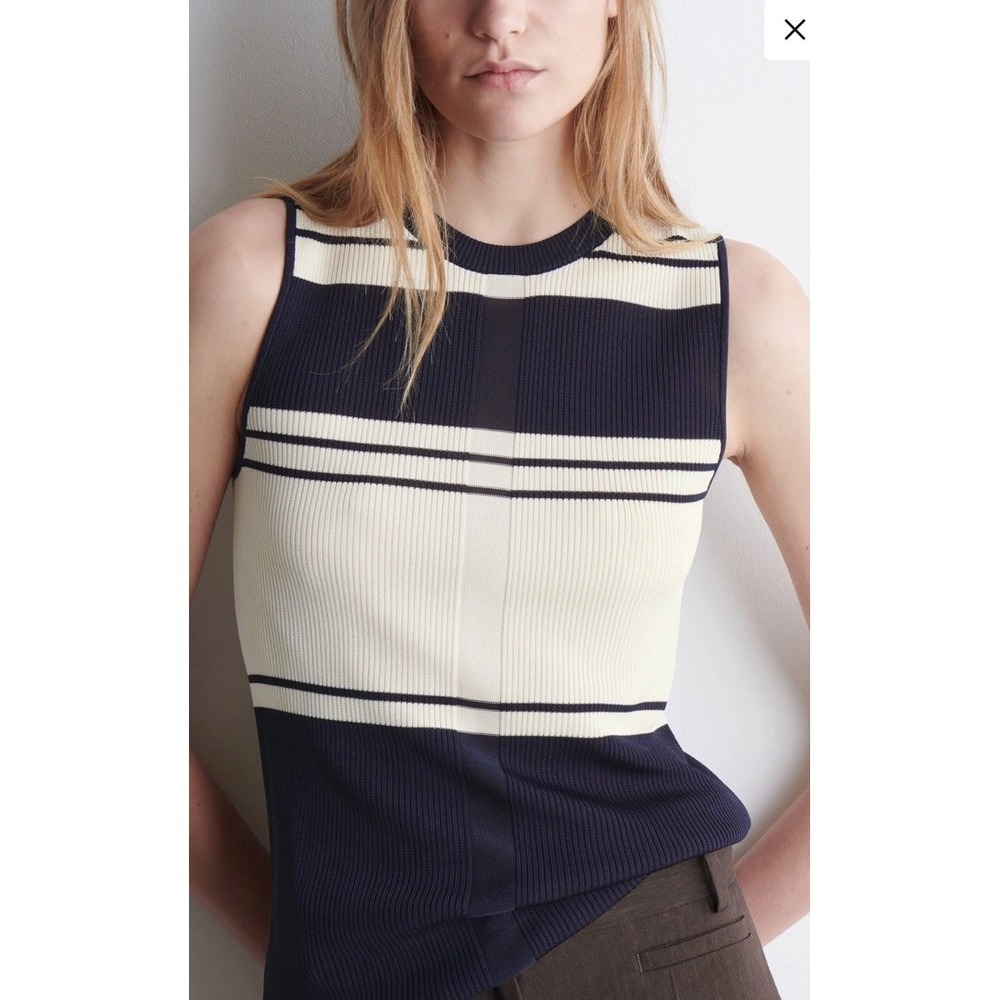 Cos Sleeveless Vicose Agave Rib Sweater Vest Dark Navy Ivory Cream Size L NWT